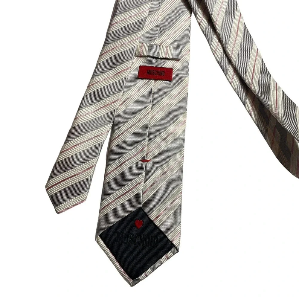 Moschino Mens Neck Tie Pink‎ White Gray Stripes - Picture 4 of 5